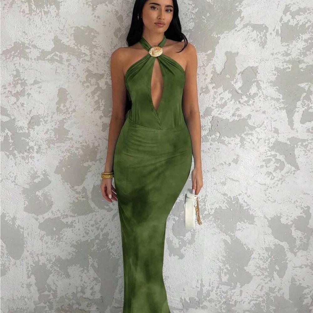 Olive Green Halter Dress with Shell Detail